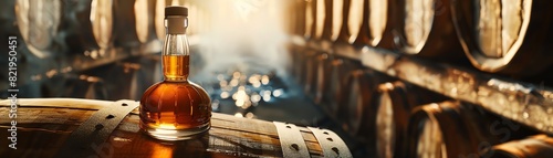 A beautiful bottle of whiskey sits on a barrel in a dimly lit distillery.