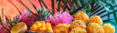 A vibrant Filipino bakery with a colorful selection of ensaymada and hopia, set against a festive backdrop with tropical decor