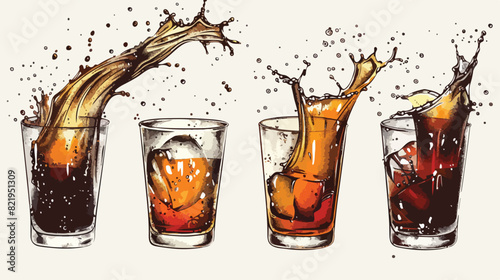 Splashes of cola coffee rum or whiskey drinks Cartoon