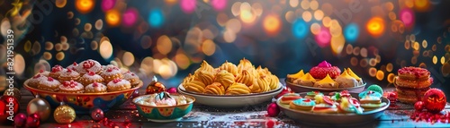 A vibrant Indian bakery with colorful sweets like jalebi and gulab jamun, set against a backdrop of festive decorations