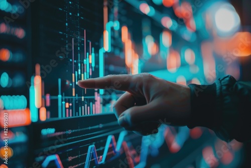 A person pointing at a display of stock prices, suitable for financial concepts