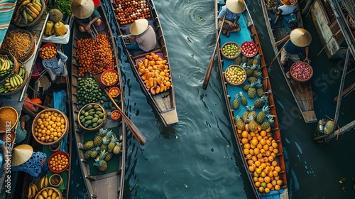 A vibrant scene of a floating market in Thailand, with vendors selling fresh fruits and Thai snacks from their boats