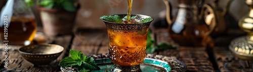 Pouring hot mint tea from a silver teapot into a traditional glass on a rustic wooden table. The tea is steaming and the mint leaves are floating on the surface.