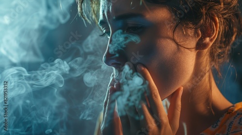 A woman smoking a cigarette in front of a blue background. Perfect for lifestyle and health-related designs
