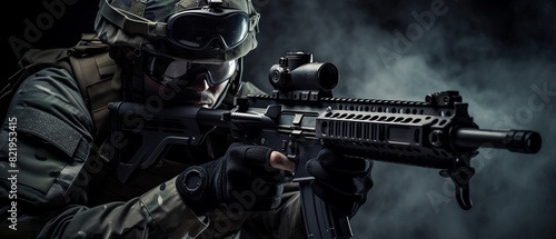 portrait of special forces soldier aiming assault rifle