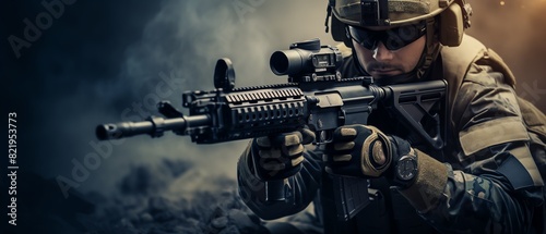 portrait of special forces soldier aiming assault rifle