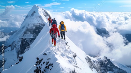 Group of people hiking up a snowy mountain. Suitable for outdoor and adventure concepts