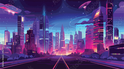 Night future city building skyline background illustration