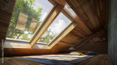 Open skylight roof window on slanted ceiling