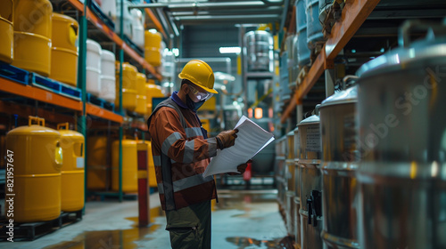 The employee carefully examines documentation regarding hazardous substances in the chemical storage area of the production plant.