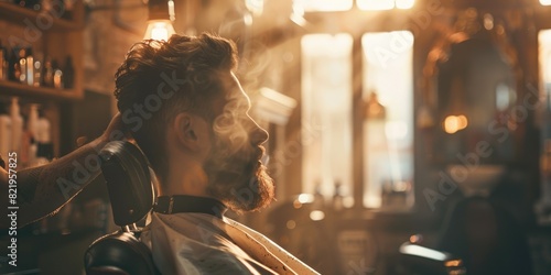 A man receiving a haircut in a professional barber shop. Suitable for barber shop advertisements
