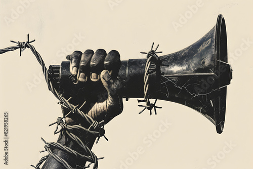 black person with a megaphone wound with wire