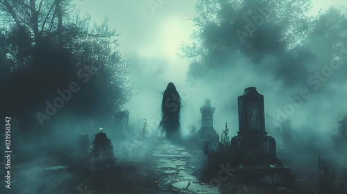 A ghostly figure emerging from a grave in a foggy Halloween graveyard