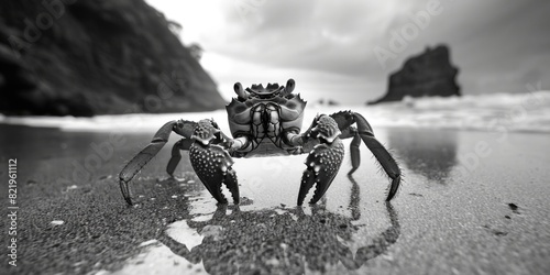 A black and white photo of a crab on the sandy beach. Perfect for nature or wildlife themed projects