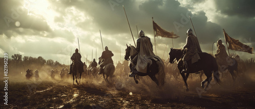 Armored knights on horseback are charging forward. They are carrying swords and lances, and their armor is gleaming in the sun. The knights are riding in formation