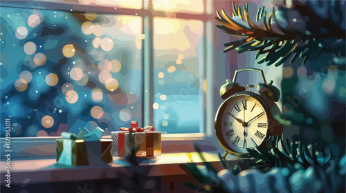 Christmas fairy time. Stylish alarm clock on blurred