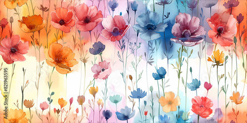 Colorful Watercolor Abstract Flower Meadow Seamless Background