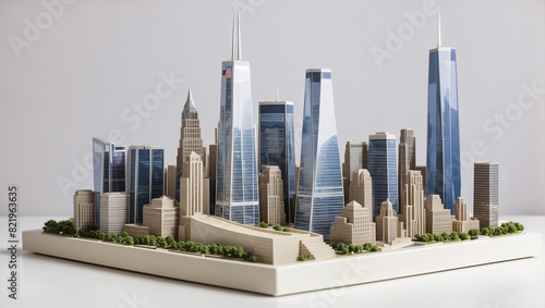 A miniature model of a city made of light-colored material, depicting a section of Lower Manhattan, including the World Trade Center.