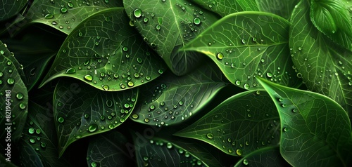 Close-up of lush green leaves with water droplets.