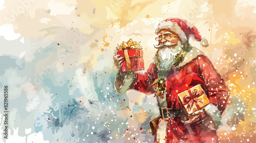 Christmas watercolor painting santa with gifts. Vector