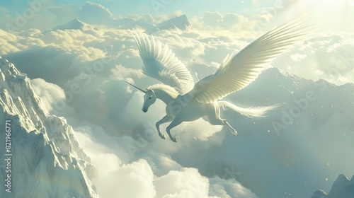 An image of the majestic Pegasus horse flying above the clouds and snow-capped mountains. 3D rendering.