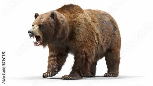 Angry brown bear standing on an isolated white background. 3D rendering.