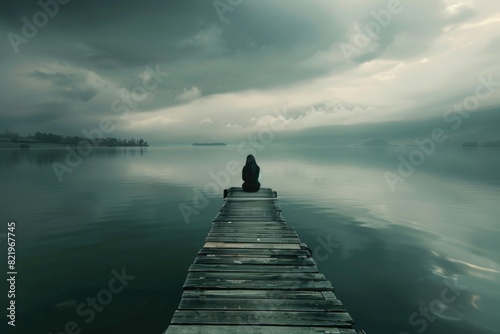 A person sitting on a dock in the middle of a serene lake. Suitable for travel and relaxation concepts