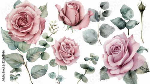 Set of watercolor elements featuring pink roses; collection of garden flowers; leaves; branches. Botanic; illustration of eucalyptus; wedding floral arrangement.