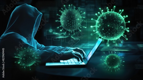 faceless hacker in shadows using laptops, hacking, along with abstract digital symbols, with virus 3d model. Hacker. cyber security concept with copy space.