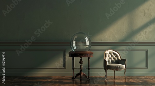 The miniature chair and table under the bell jar are rendered in 3D
