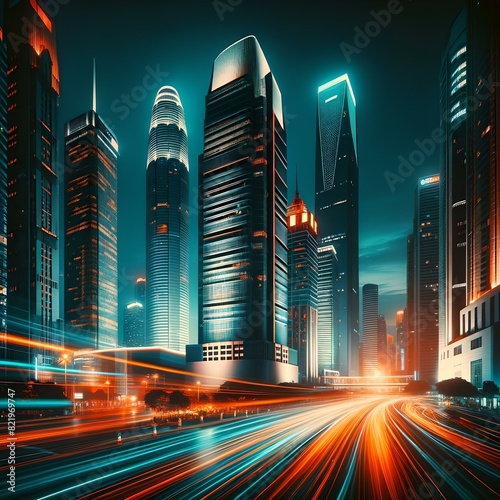 ville futuriste de nuit avec gratte-ciel et filé des phares en pause longue
