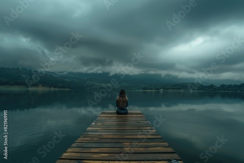 A woman sitting on a dock looking out at a lake. Suitable for travel or relaxation themes