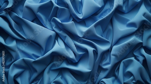 A 3D render of an abstract background with folded textile ruffles, blue cloth macro, and blue fashion wallpaper with wavy patterns