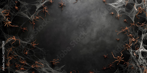 Spider web on dark background with many small spiders, background photography, Halloween concept