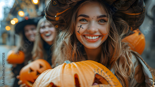 A group of friends in Halloween costumes, laughing and comparing their candy hauls under a streetlight, Bokeh