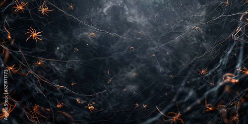 Spider web on dark background with many spiders, background photography, Halloween concept