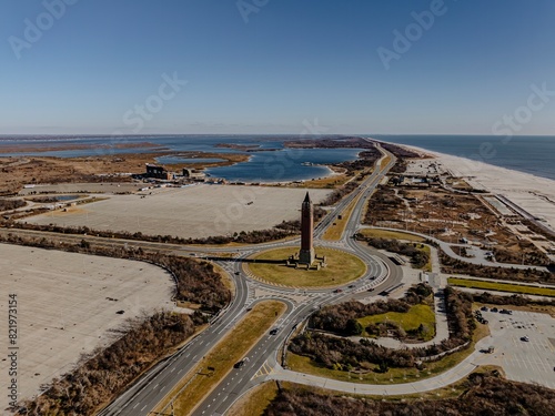 Aerial view of the Jones Beach water tower on a sunny day in winter on Long Island, New York