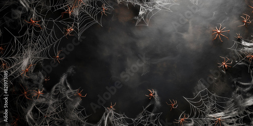 Web with spiders on a dark background, background photography, Halloween holiday concept