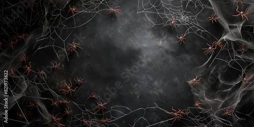 Web with small spiders on a dark background, background photography, Halloween holiday concept.