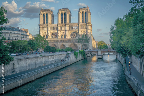 The Seine River flowing peacefully by Notre-Dame Cathedral in Paris
