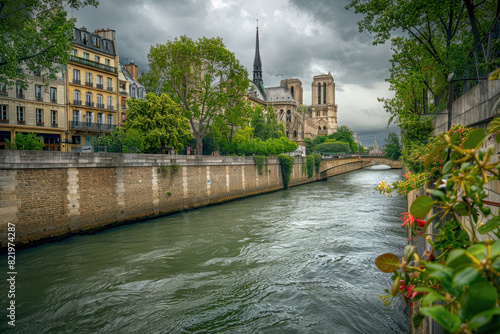The Seine River flowing peacefully by Notre-Dame Cathedral in Paris