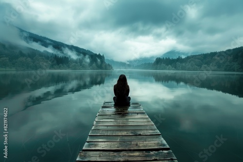 A woman sitting on a dock, gazing out at a serene lake. Suitable for travel or relaxation themes