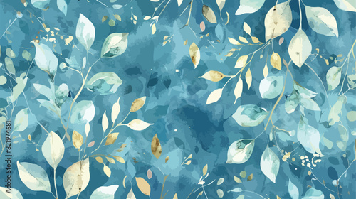 Watercolor gold teal baby blue floral leafy seamless