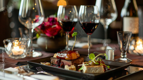 Exquisite tray with foie gras and wine in a luxurious dining setting.