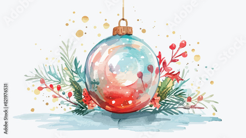 Watercolor Christmas card with glass ball holiday dec