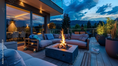 An elegant outdoor terrace with a warm fire pit in the evening is complemented by modern furniture