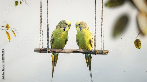 A white background watercolor painting of parakeets chirping on a swing