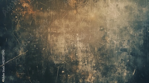 The vintage distressed old photo background is textured with film grain, dust, fingerprints, a vignette border, and dust and scratches. An analog grunge 8k widescreen retro style background with copy
