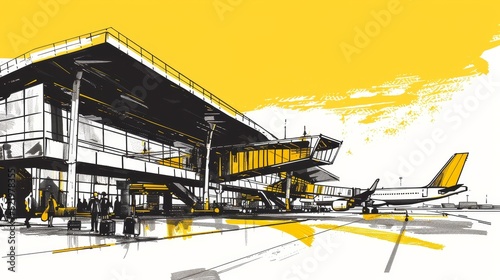 A modern airport doodle in black and yellow fineliner pen. Author's notes can be inserted in the margins.