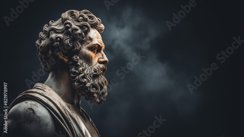 Ancient Greek philosopher statue, side view, dark background, copy space.
